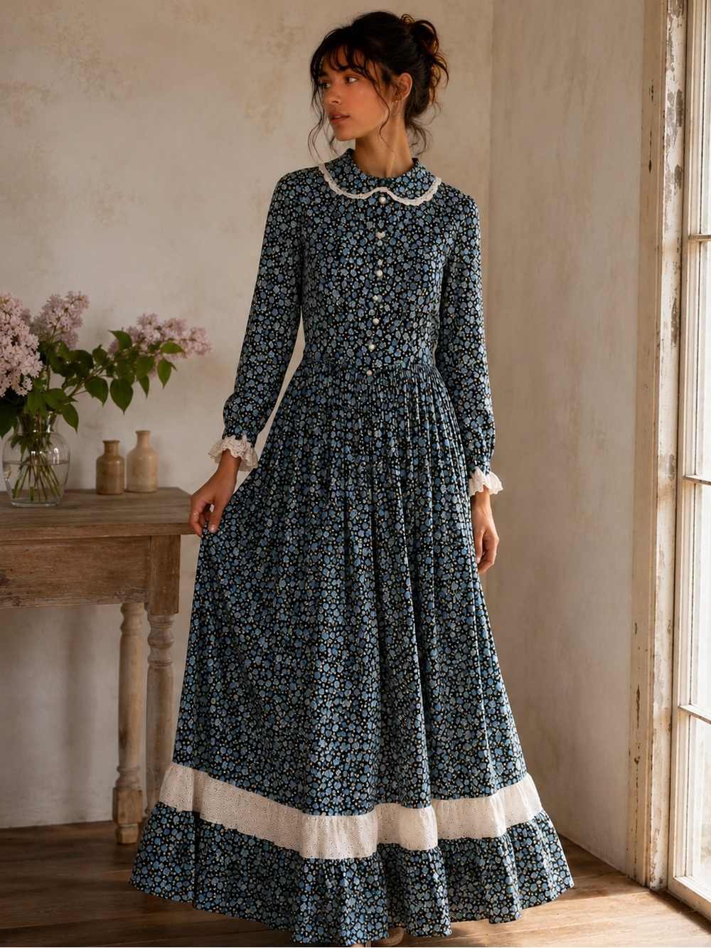 Vintage Floral Prairie Maxi Dress Lace Cottagecore